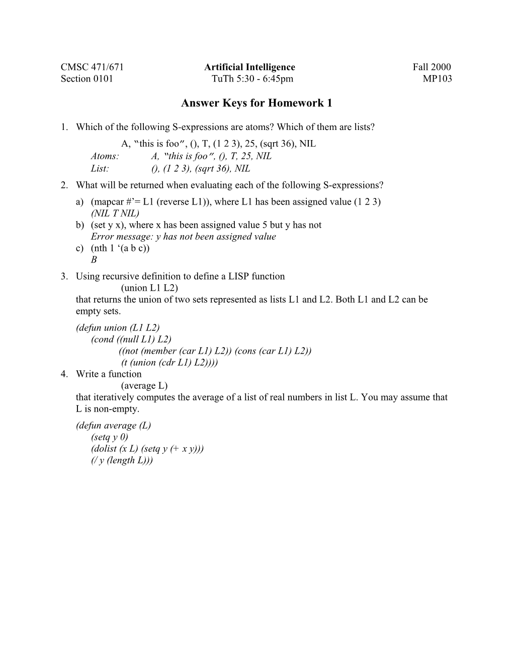 CMSC 471/671 Artificial Intelligence Fall 2000