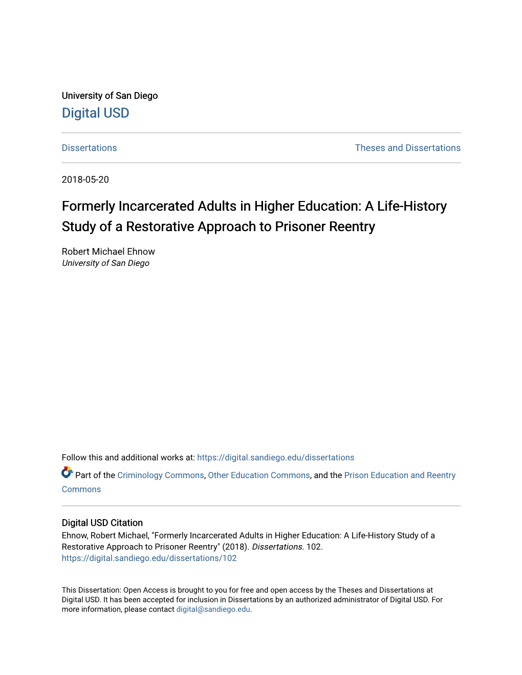 Formerly Incarcerated Adults in Higher Education: a Life-History Study of a Restorative Approach to Prisoner Reentry