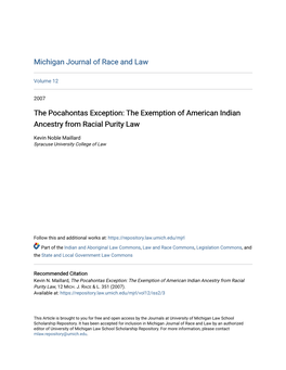 The Pocahontas Exception: the Exemption of American Indian Ancestry from Racial Purity Law