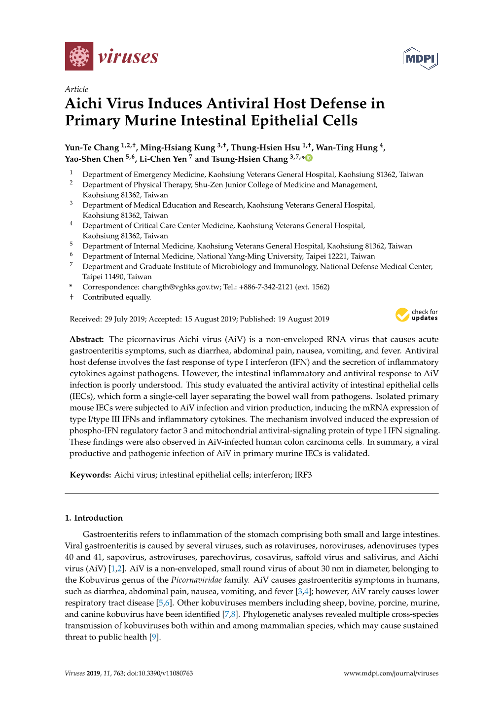 Aichi Virus Induces Antiviral Host Defense in Primary Murine Intestinal Epithelial Cells