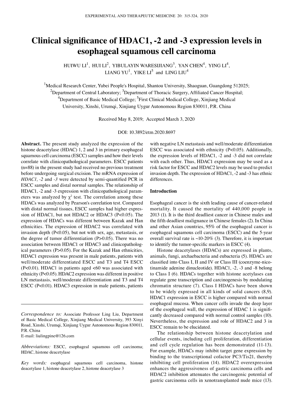 2 and -3 Expression Levels in Esophageal Squamous Cell Carcinoma