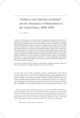 And the Assessment of Malnutrition in the United States, 1890–1950