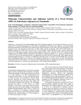 Molecular Characteristics and Adhesion Activity of a Novel Protein ADP1 of Arthrobotrys Oligospora to Nematodes
