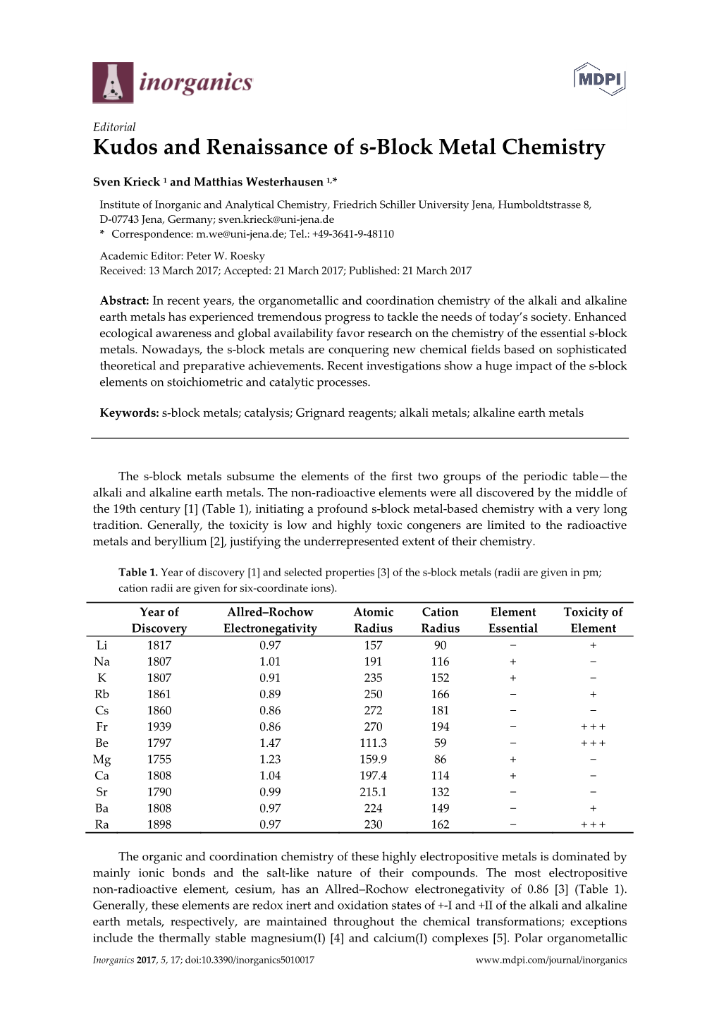 Kudos and Renaissance of S-Block Metal Chemistry