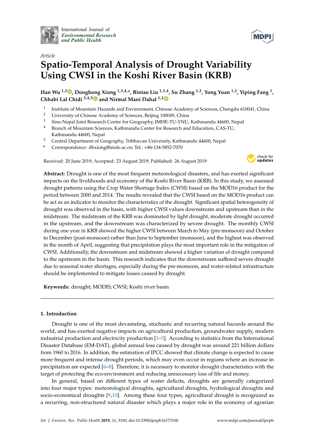 Spatio-Temporal Analysis of Drought Variability Using CWSI in the Koshi River Basin (KRB)