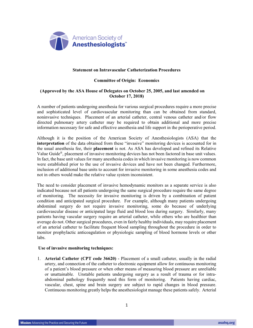 ASA Statement on Intravascular Catheterization Procedures