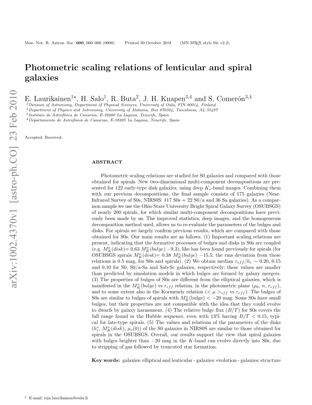 Photometric Scaling Relations of Lenticular and Spiral Galaxies