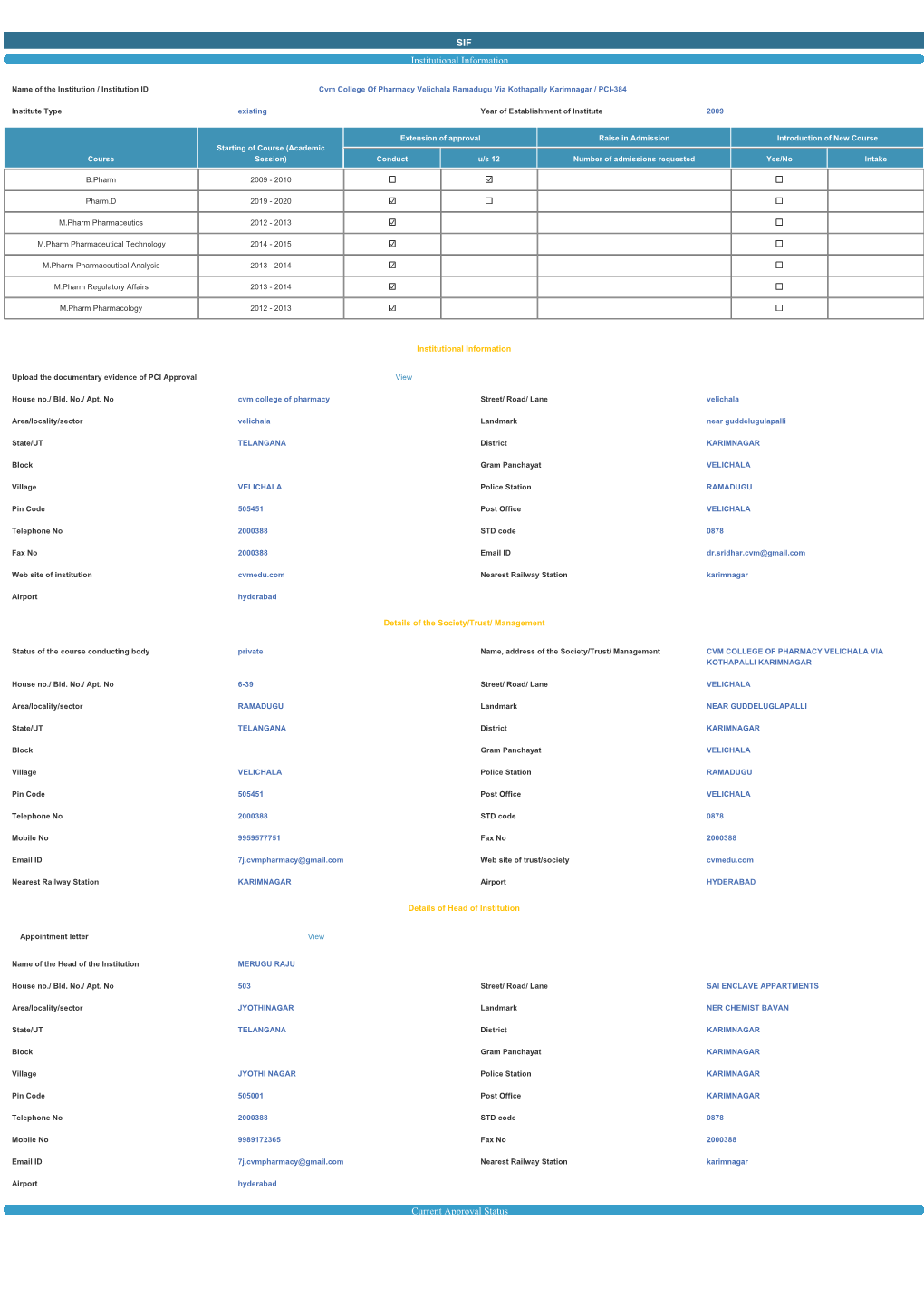 SIF Institutional Information