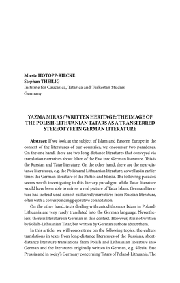Yazma Miras / Written Heritage: the Image of the Polish-Lithuanian Tatars As a Transferred Stereotype in German Literature