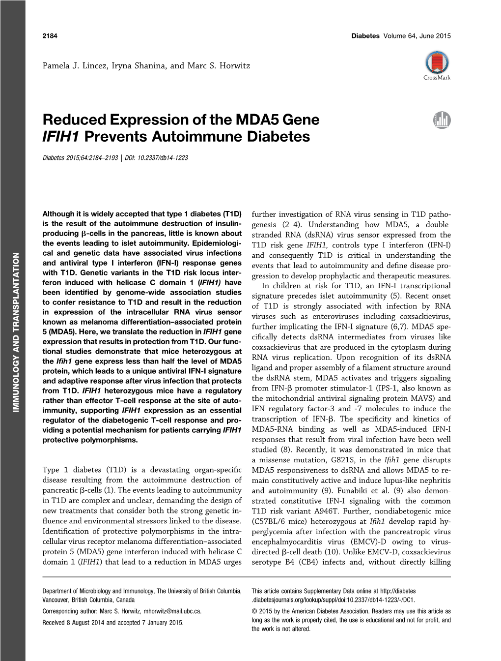 Reduced Expression of the MDA5 Gene IFIH1 Prevents Autoimmune Diabetes