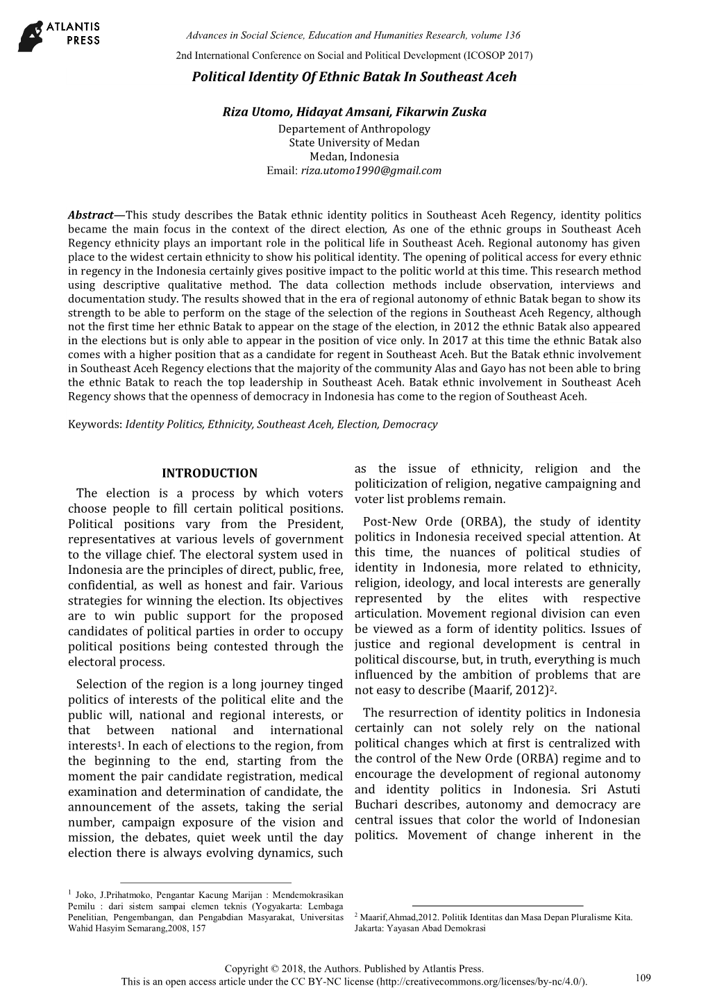 Political Identity of Ethnic Batak in Southeast Aceh