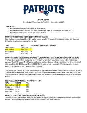 GAME NOTES New England Patriots at Buffalo Bills – December 3, 2017