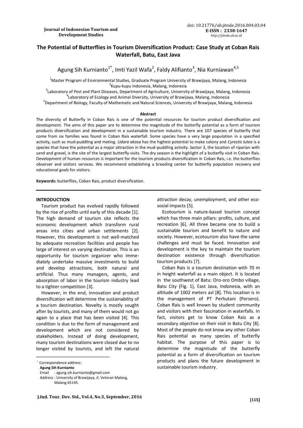 The Potential of Butterflies in Tourism Diversification Product: Case Study at Coban Rais Waterfall, Batu, East Java