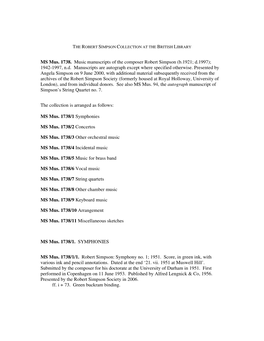 MS Mus. 1738. Music Manuscripts of the Composer Robert Simpson (B.1921; D.1997); 1942-1997, N.D. Manuscripts Are Autograph Except Where Specified Otherwise