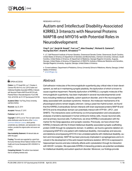 Autism and Intellectual Disability-Associated KIRREL3 Interacts with Neuronal Proteins MAP1B and MYO16 with Potential Roles in Neurodevelopment