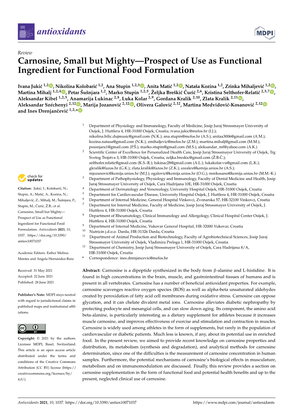 Carnosine, Small but Mighty—Prospect of Use As Functional Ingredient for Functional Food Formulation