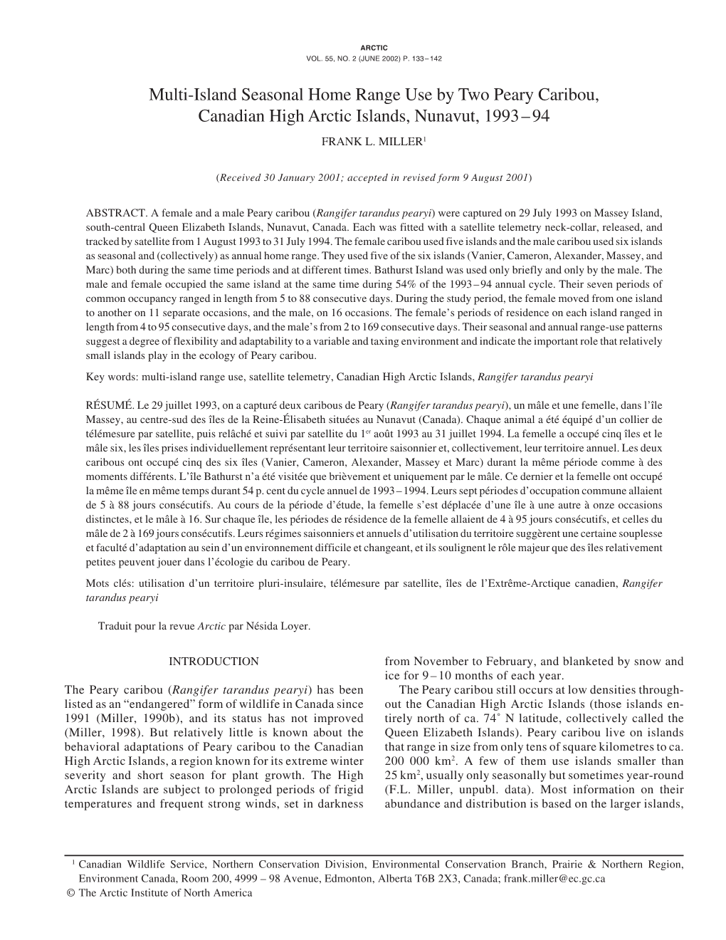 Multi-Island Seasonal Home Range Use by Two Peary Caribou, Canadian High Arctic Islands, Nunavut, 1993Ð94 FRANK L