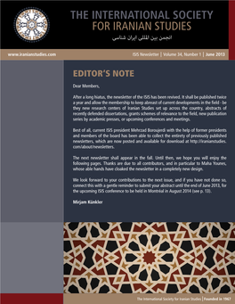 The INTERNATIONAL Society for Iranian Studies انجمن بین املللی ایران شناسی ISIS Newsletter Volume 34, Number 1 June 2013