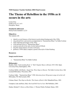 The Theme of Rebellion in the 1950S As It Occurs in the Arts