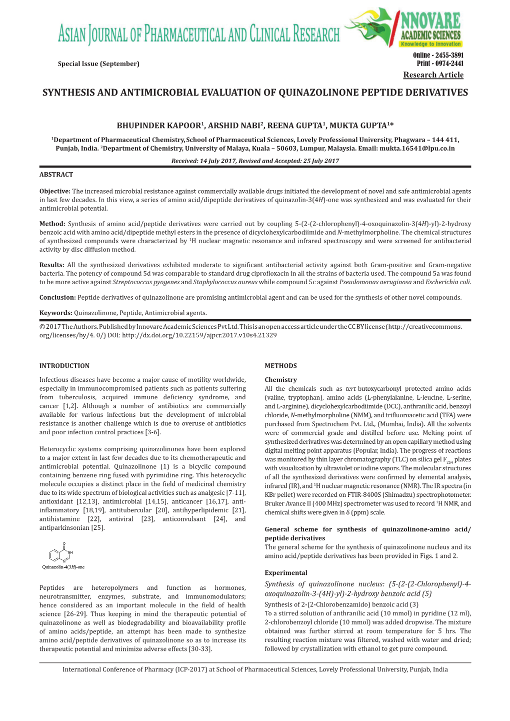 Synthesis and Antimicrobial Evaluation of Quinazolinone Peptide Derivatives