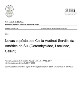 Novas Espécies De Callia Audinet-Serville Da América Do Sul (Cerambycidae, Lamiinae, Calliini)