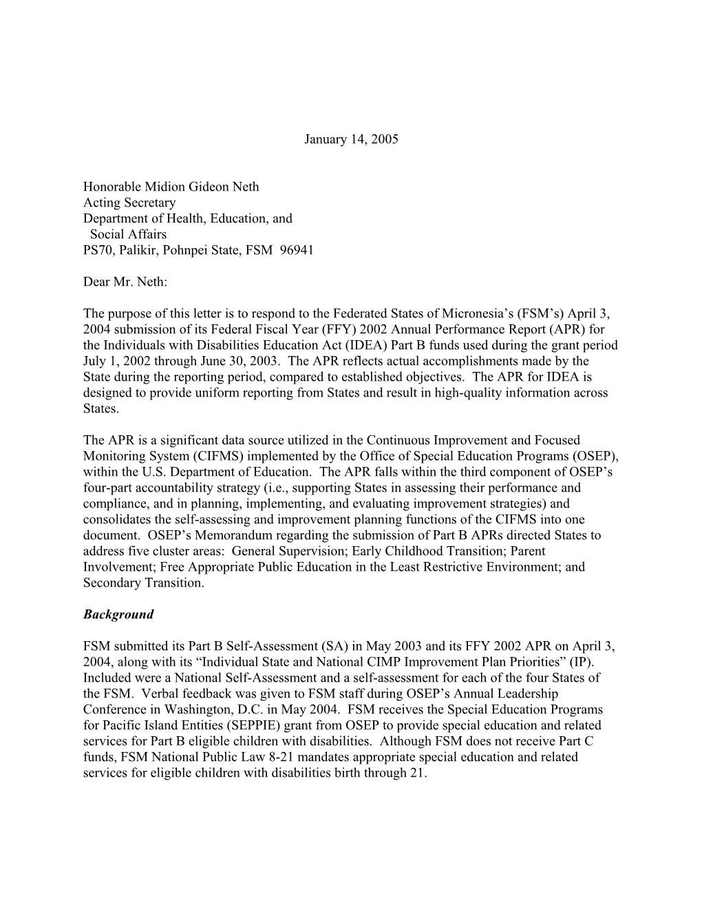 Federated States of Micronesia Part B APR Letter, 2002-2003 (MS Word)