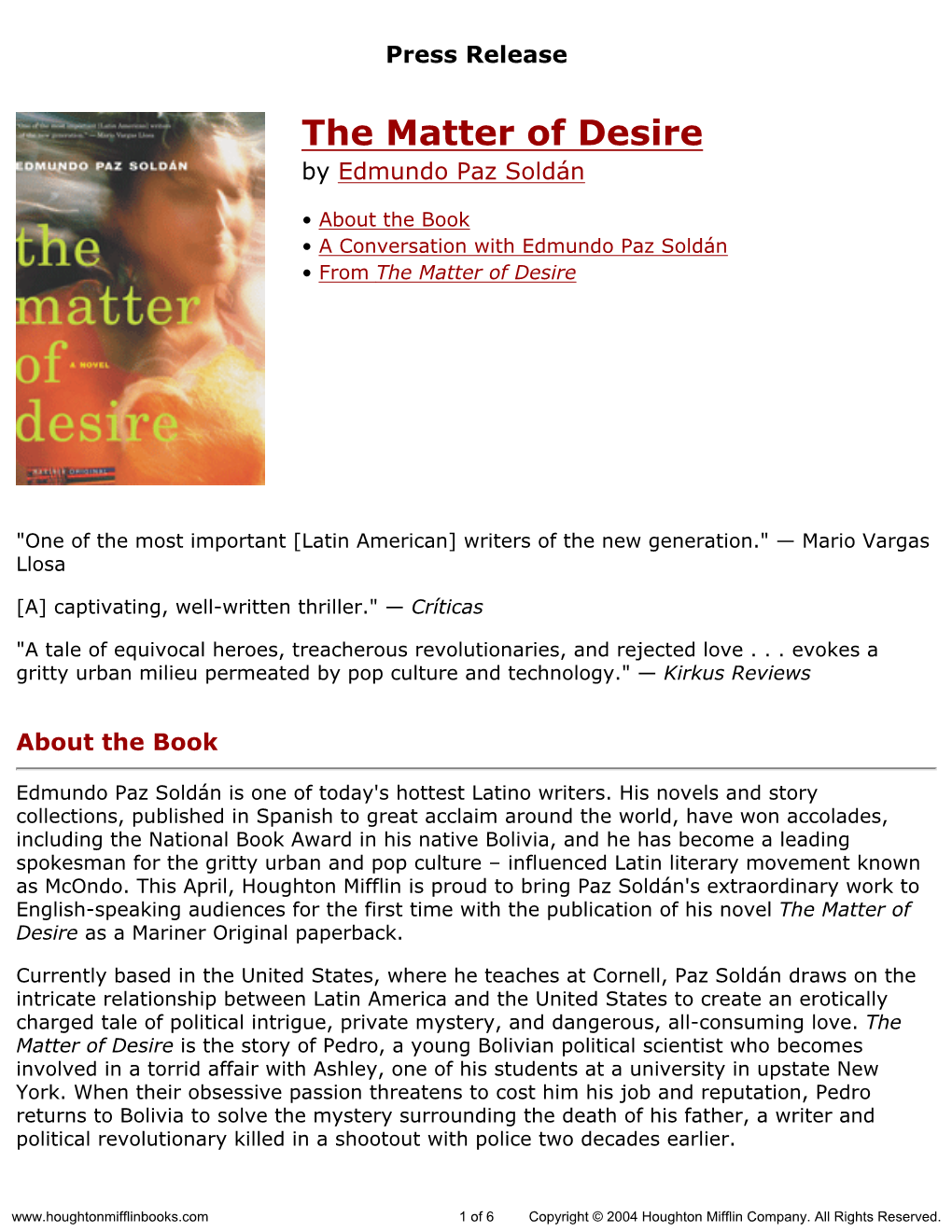 Press Release for the Matter of Desire Published by Houghton