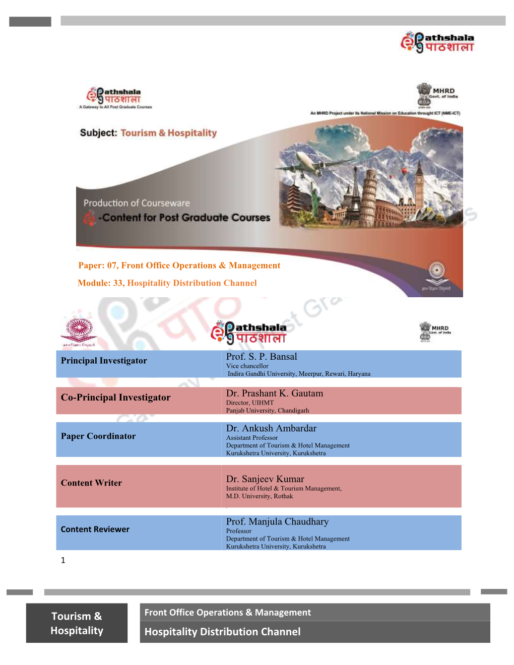 Module: 33, Hospitality Distribution Channel Paper: 07, Front Office Operations & Management