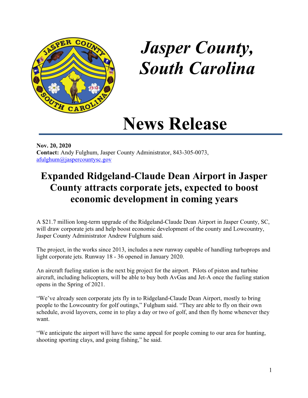 Jasper County, South Carolina News Release