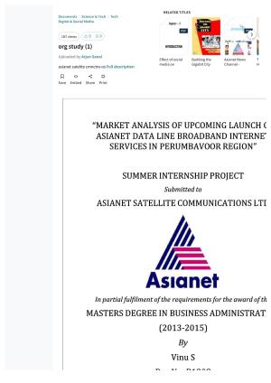 Market Analysis of Upcoming Launch of Asianet Data Line Broadband Internet Services in Perumbavoor Region ””