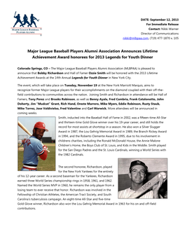 Major League Baseball Players Alumni Association Announces Lifetime Achievement Award Honorees for 2013 Legends for Youth Dinner