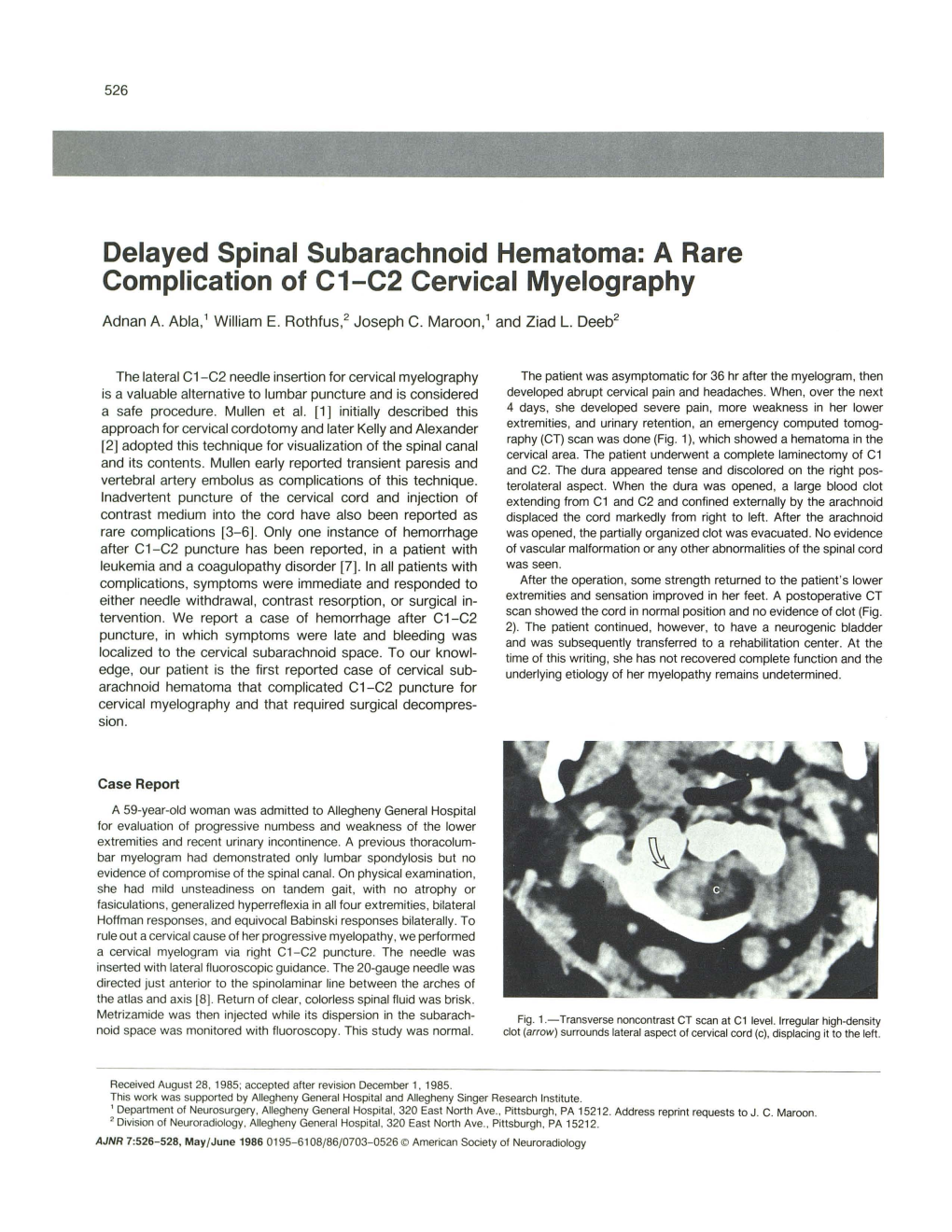 Delayed Spinal Subarachnoid Hematoma: a Rare Complication of C1-C2 Cervical Myelography