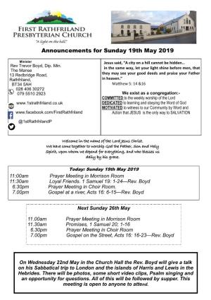 Announcements for Sunday 19Th May 2019