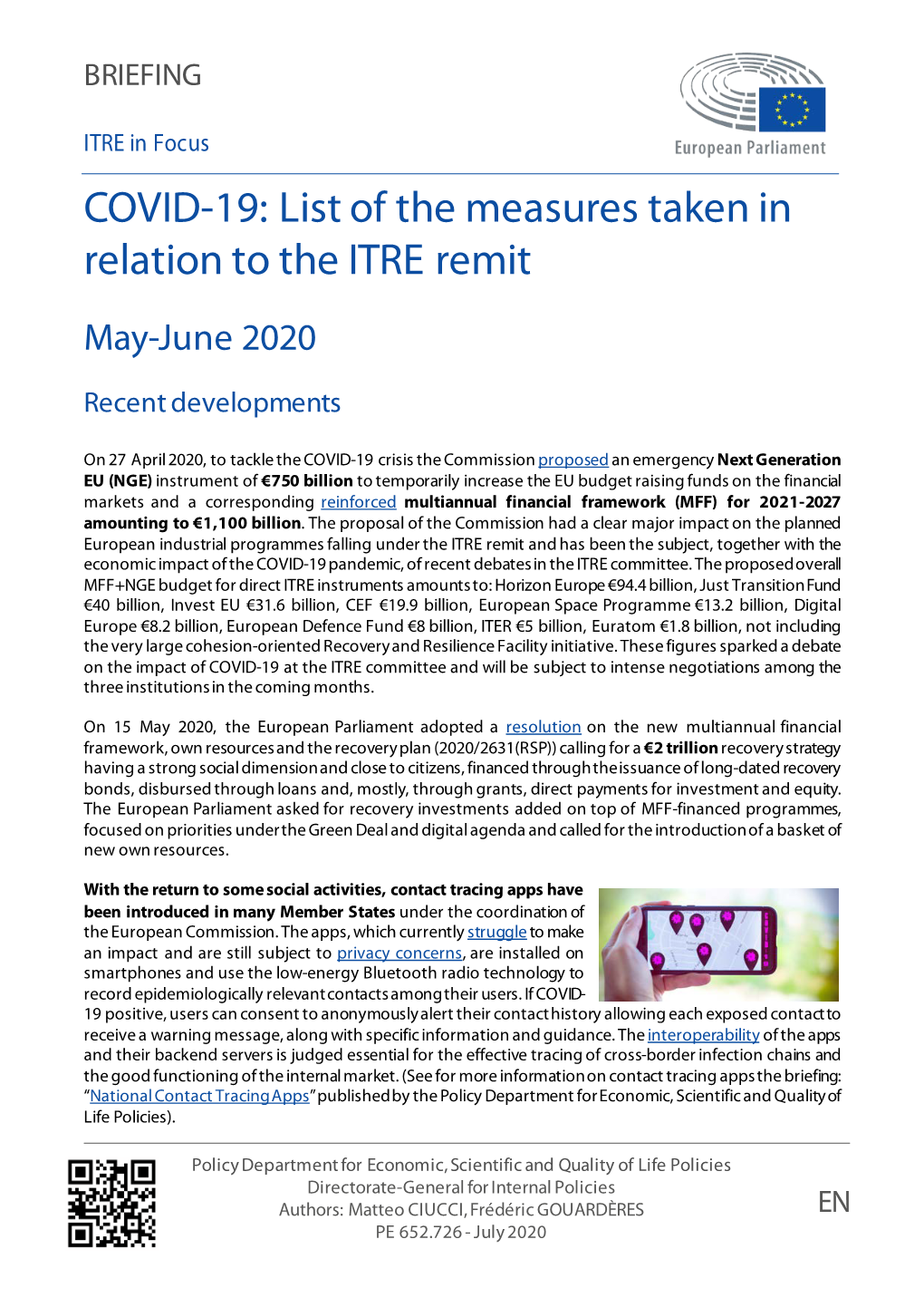 COVID-19: List of the Measures Taken in Relation to the ITRE Remit. May-June 2020