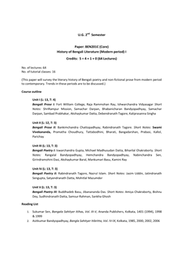 U.G. 2Nd Semester Paper: BEN201C (Core) History of Bengali Literature (Modern Period) I Credits: 5 = 4 + 1 + 0 (64 Lectures)