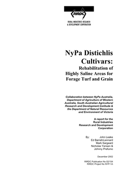 Nypa Distichlis Cultivars: Rehabilitation of Highly Saline Areas for Forage Turf and Grain
