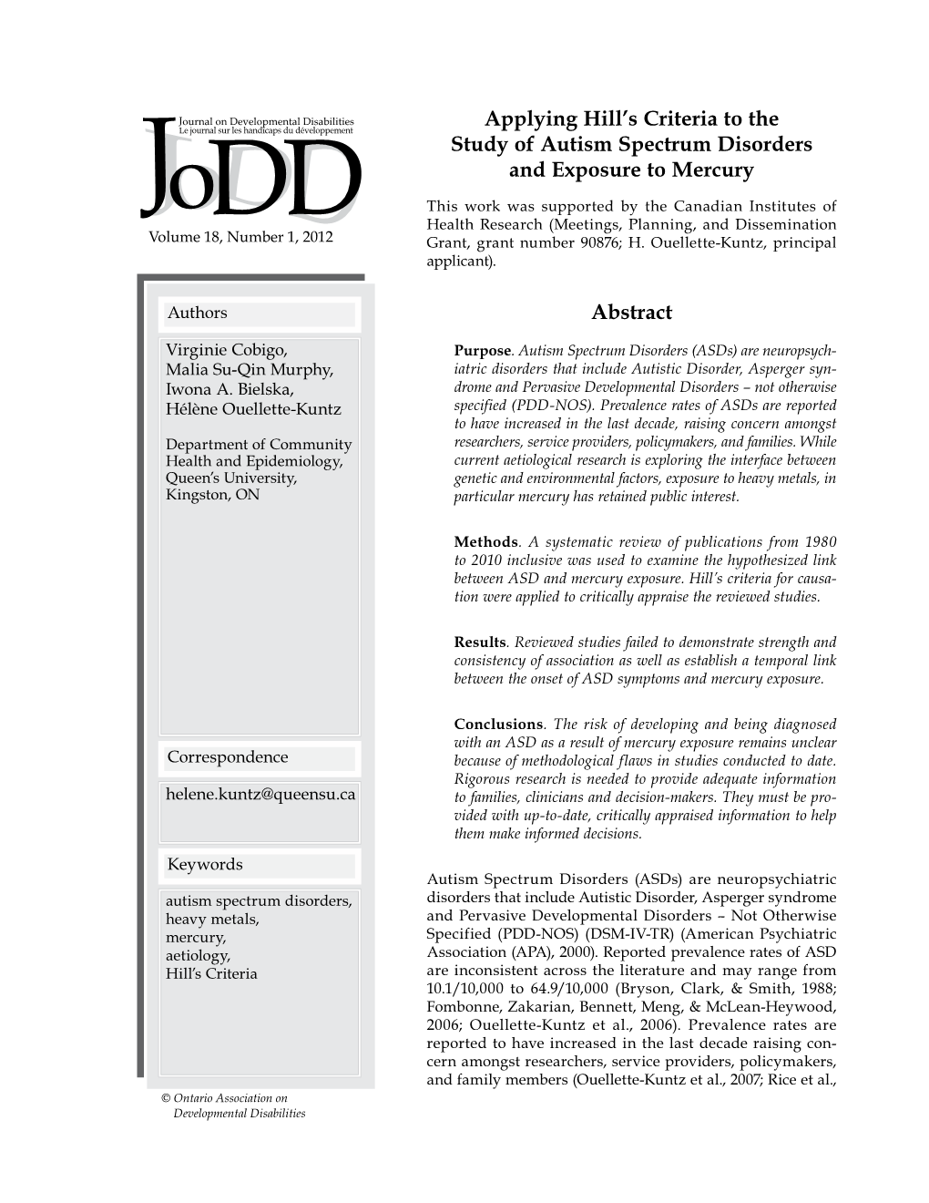 Applying Hill's Criteria to the Study of Autism Spectrum Disorders and Exposure to Mercury Abstract