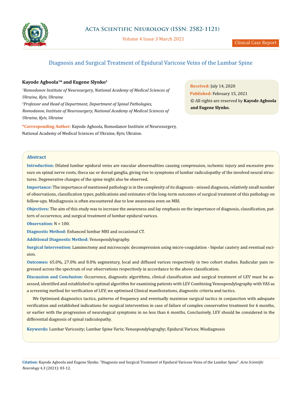 Diagnosis and Surgical Treatment of Epidural Varicose Veins of the Lumbar Spine
