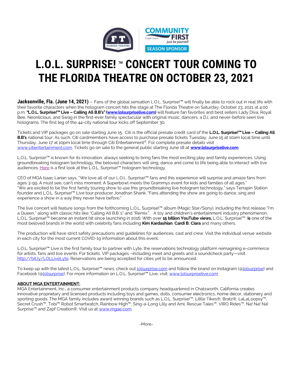 Lol Surprise! ™ Concert Tour Coming to the Florida Theatre on October 23, 2021