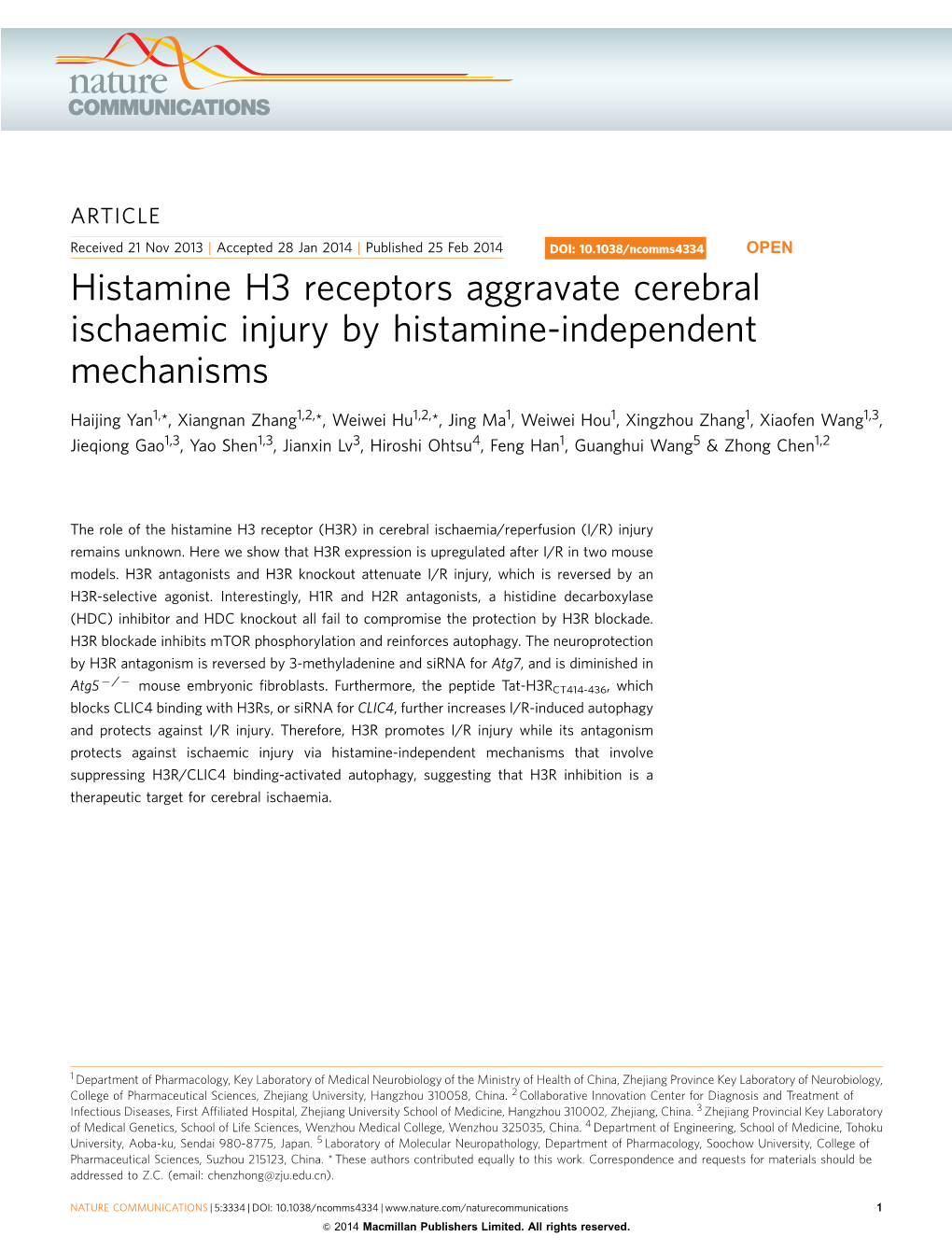 Histamine H3 Receptors Aggravate Cerebral Ischaemic Injury by Histamine-Independent Mechanisms