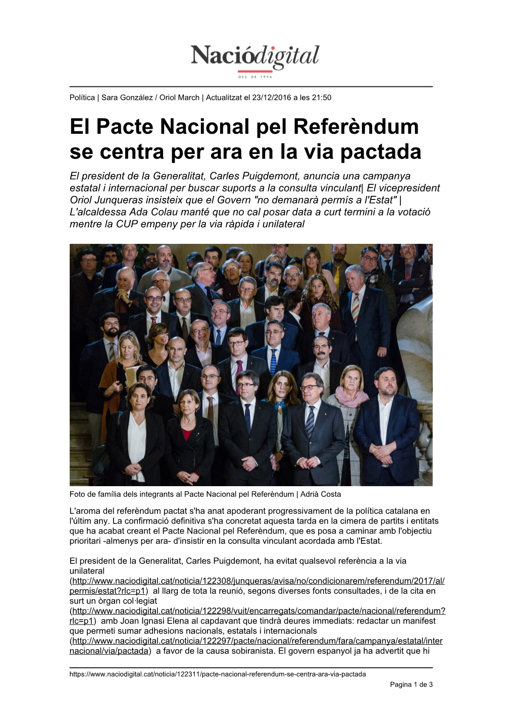 El Pacte Nacional Pel Referèndum Se Centra Per Ara En La Via Pactada