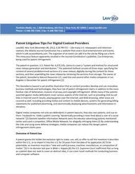 Patent Litigation Tips for Digital Content Providers Law360, New York (November 06, 2012, 5:26 PM ET) -- Like Many U.S