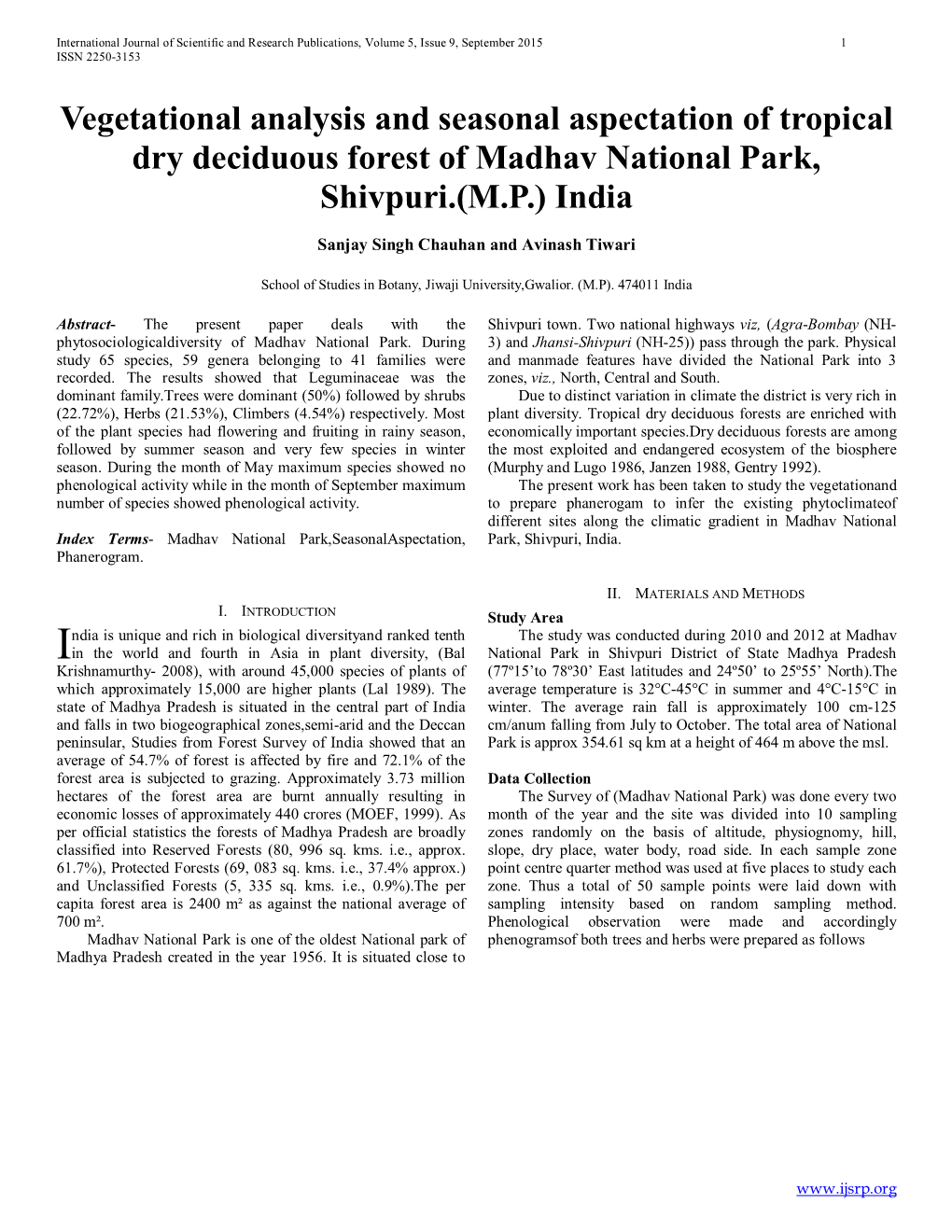 Vegetational Analysis and Seasonal Aspectation of Tropical Dry Deciduous Forest of Madhav National Park, Shivpuri.(M.P.) India