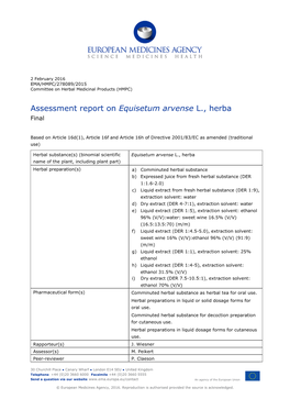 Assessment Report on Equisetum Arvense L., Herba Final