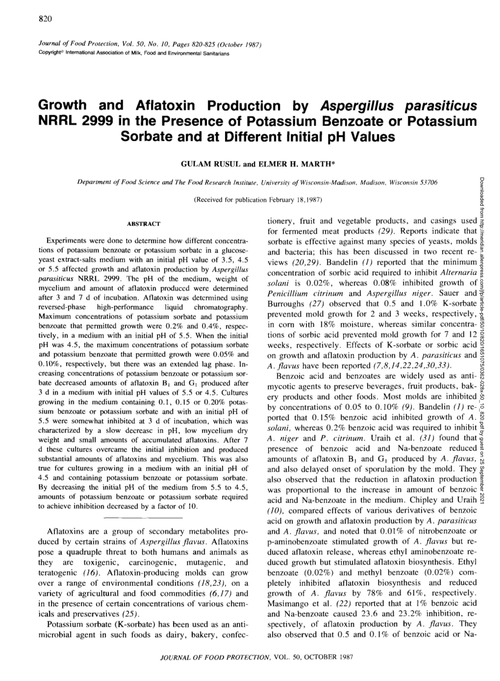 Growth and Aflatoxin Production by Aspergillus Parasiticus NRRL 2999 in the Presence of Potassium Benzoate Or Potassium Sorbate and at Different Initial Ph Values