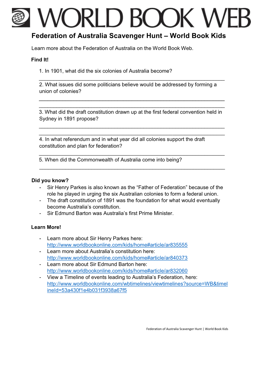 Federation of Australia Scavenger Hunt – World Book Kids