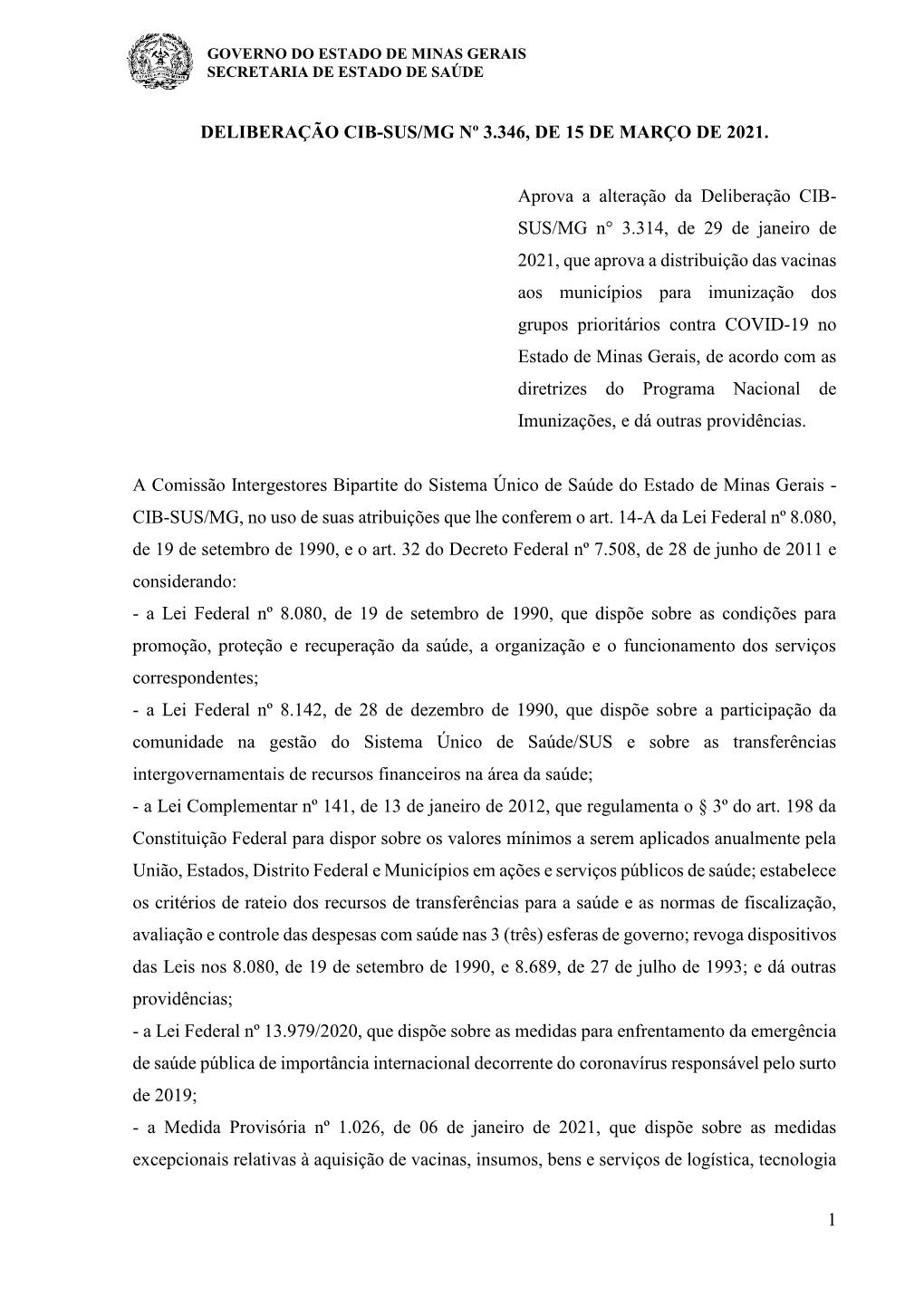 Deliberação Cib-Sus/Mg Nº 3.346, De 15 De Março De 2021