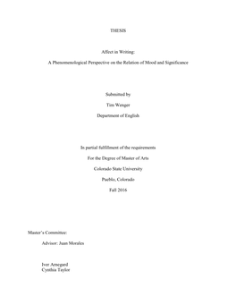 THESIS Affect in Writing: a Phenomenological Perspective on the Relation of Mood and Significance Submitted by Tim Wenger Depart