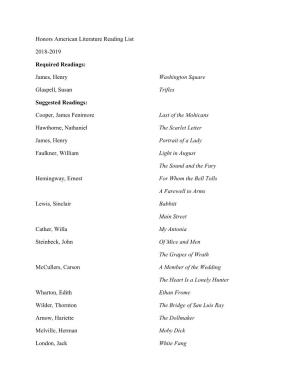 Honors American Literature Reading List 2018-2019 Required Readings