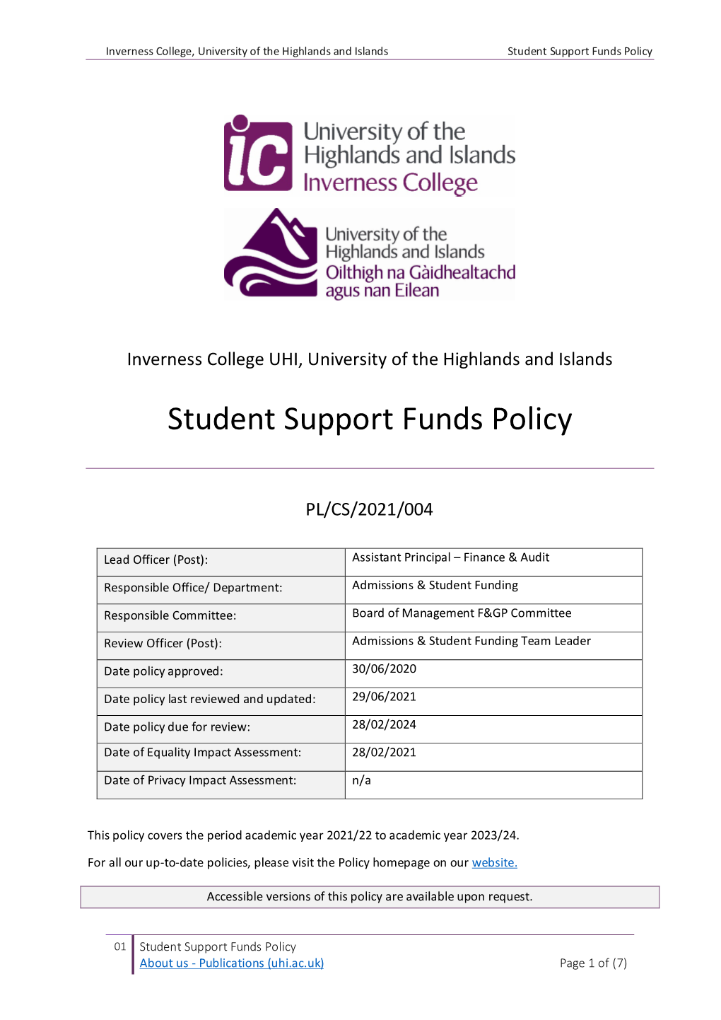 Student Support Funds Policy